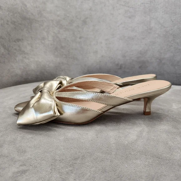 Jack Rogers Dress Mule 9 Gold Champagne Leather Cynthia Bow Kitten Heel Metallic - Picture 5 of 16